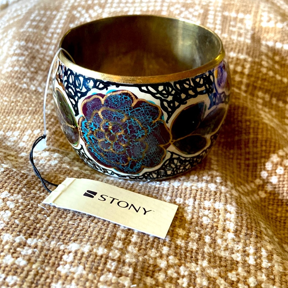 NWT Boho cuff ~ bangle ~ brass & enamel bracelet - bohemian / hippie style STONY